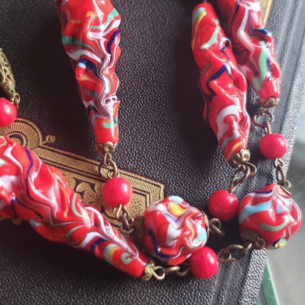True Art Deco Art Glass And Brass Necklace View 2